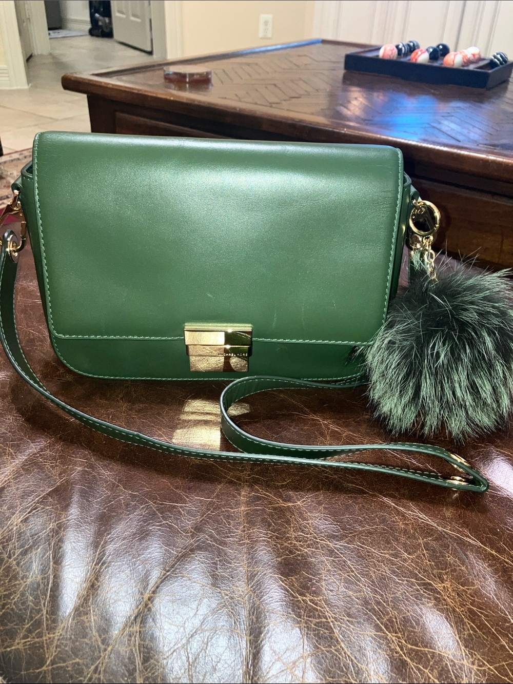 Michael Kors Madelyn Green Leather 2 way strap with fur Pom MK bag Charm